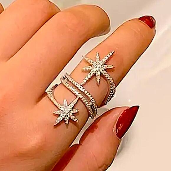 Silver Double Star Zircon Ring Celestial Moon - Picture 3 of 7